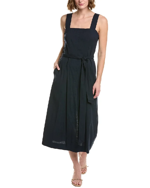 Vince Belted Square Neck Linen-Blend Midi Dress Cotton Midi Skirt