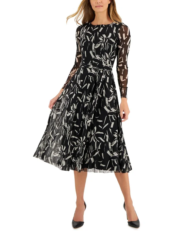 Womens Sheer Printed Midi Dress High-Waisted Midi Skirt