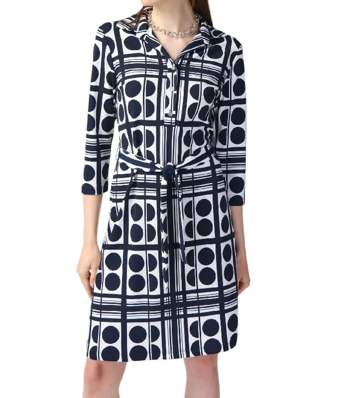 Geometric Print Shirt Dress In Vanilla/midnight Blue Linen Shirt Dress