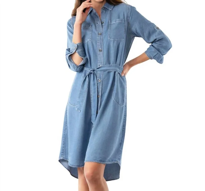 Perfect Shirt Dress In Medium Wash Satin Shirt Dress