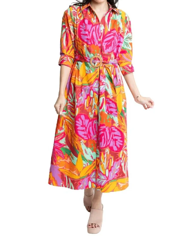 Abstract Tropical Palm Shirt Dress In Fuschia Sexy Shirt Dress