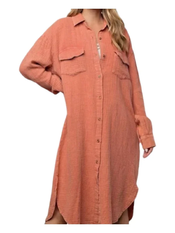 Cotton Gauze Below The Knee Shirt Dress In Pumpkin Mineral Washed Blue Shirt Dress