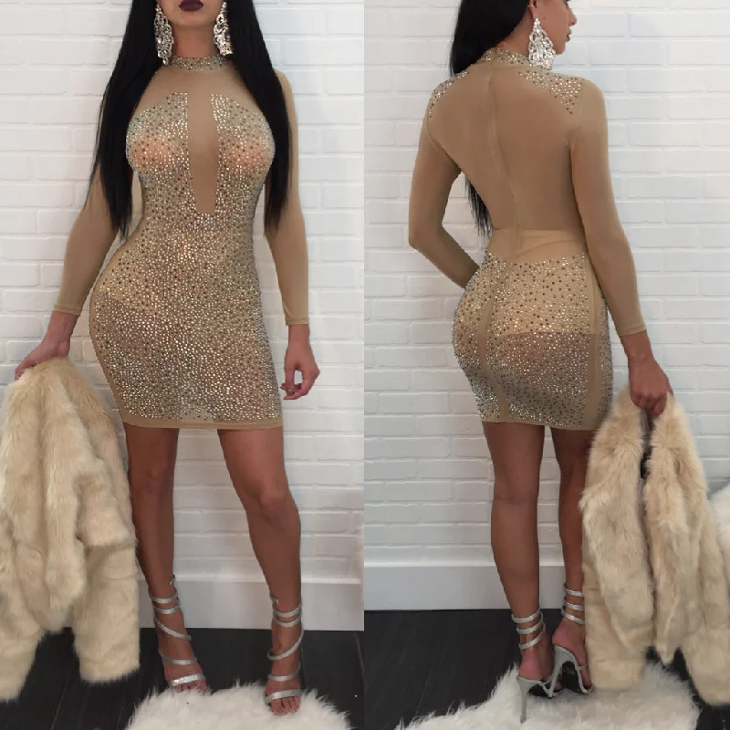 Crystal Sexy Transparent Mesh Short Bodycon Dress Sleek Bodycon Dress