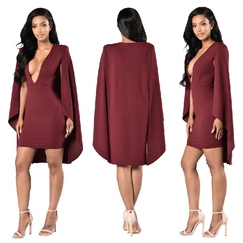 Deep V-neck Bodycon Pure Color Cap Dress Bodycon Dress Look