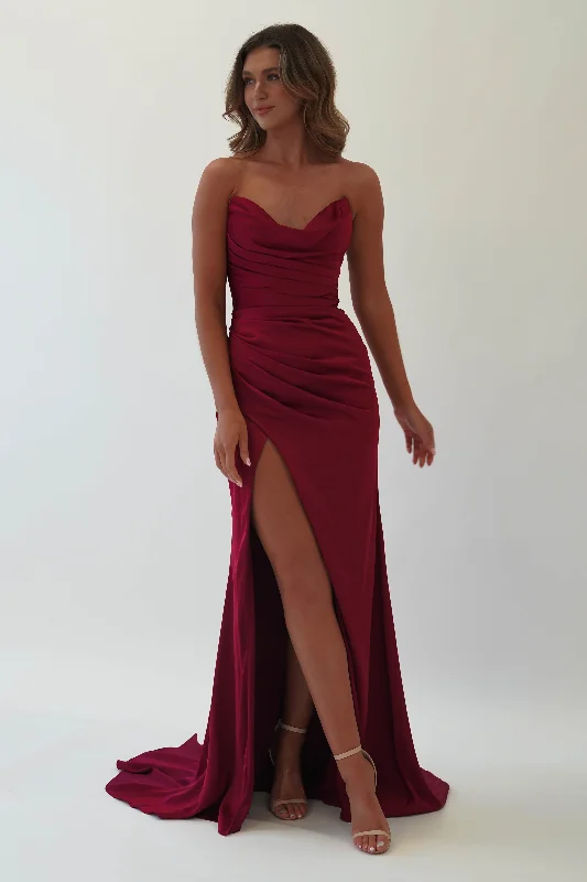 Italia Bodycon Satin Gown | Dark Red Trendy Bodycon Gown