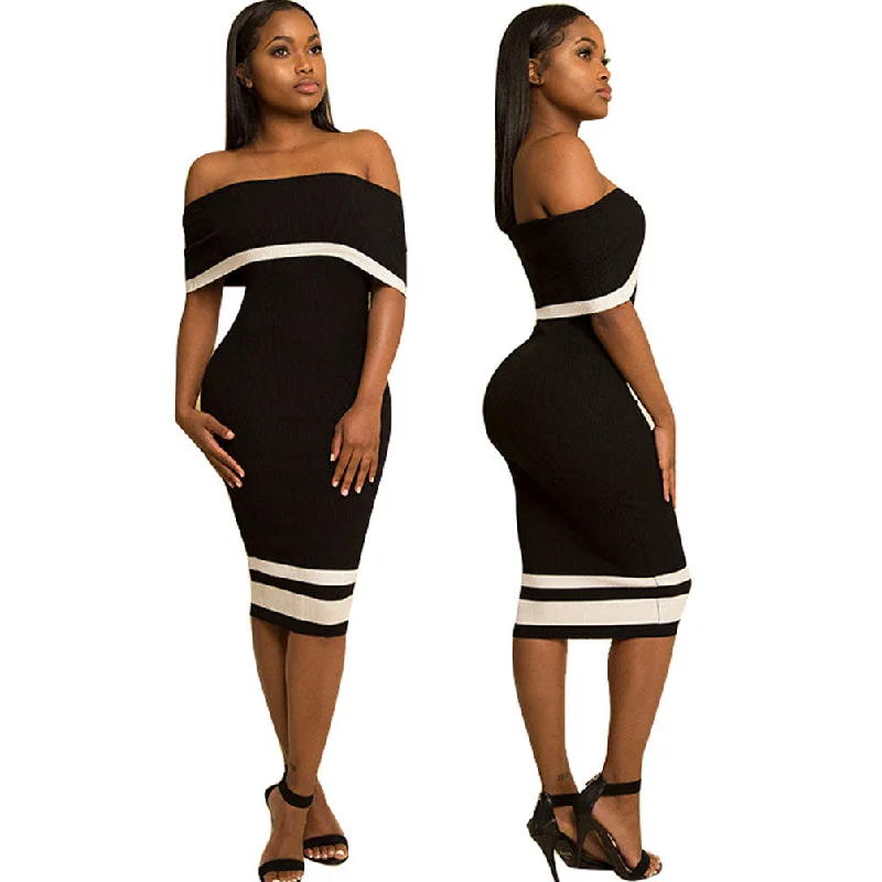 Off Shoulder Color Block Short Sleeves Knee-length Bodycon Dress Sleek Bodycon Dress