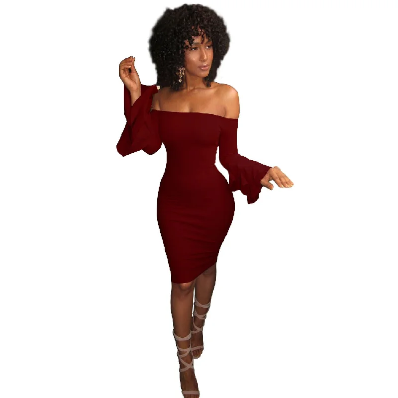 Off Shoulder Long Trumpet Sleeves Knee-length Bodycon Dress Bodycon Dress Fit