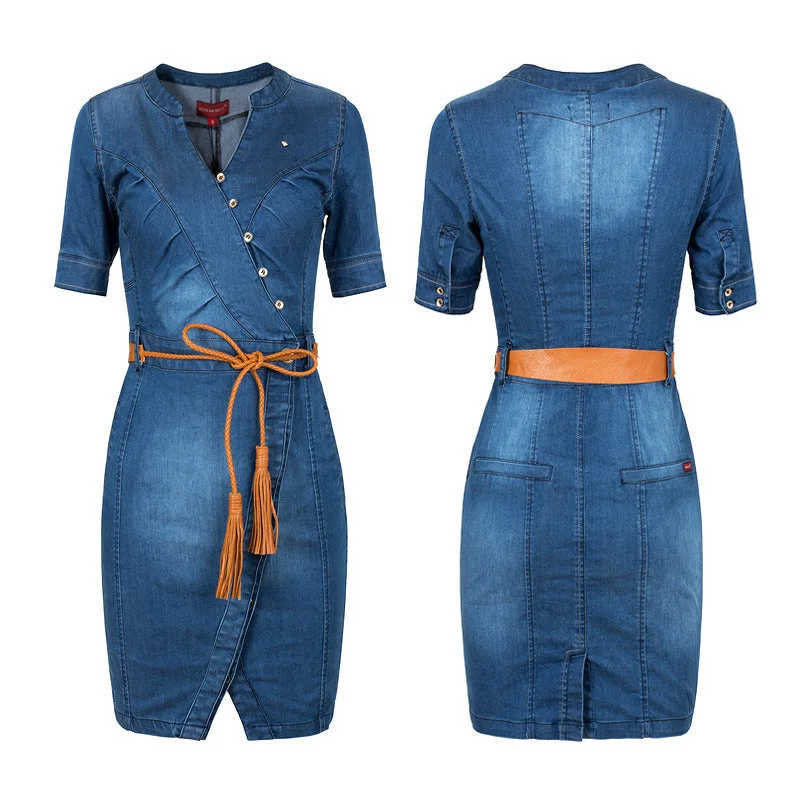 Pure Color Bodycon Knee-length Denim Dress（Give away a belt） Bodycon Dress Casual