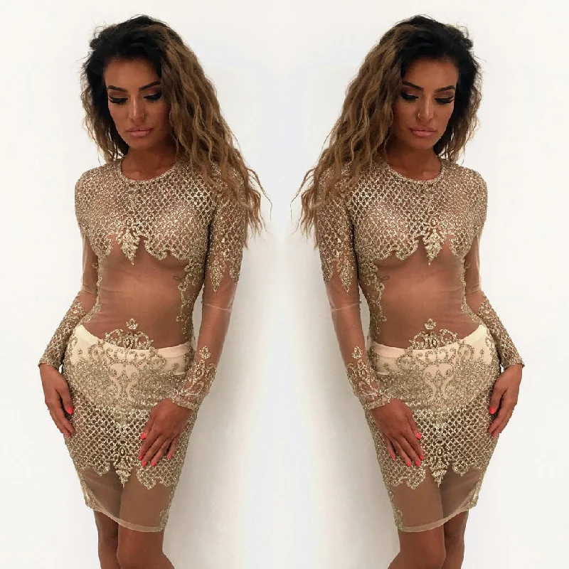 Pure Color Transparent Bodycon Knee-length Sequins Dress Party Bodycon Dress