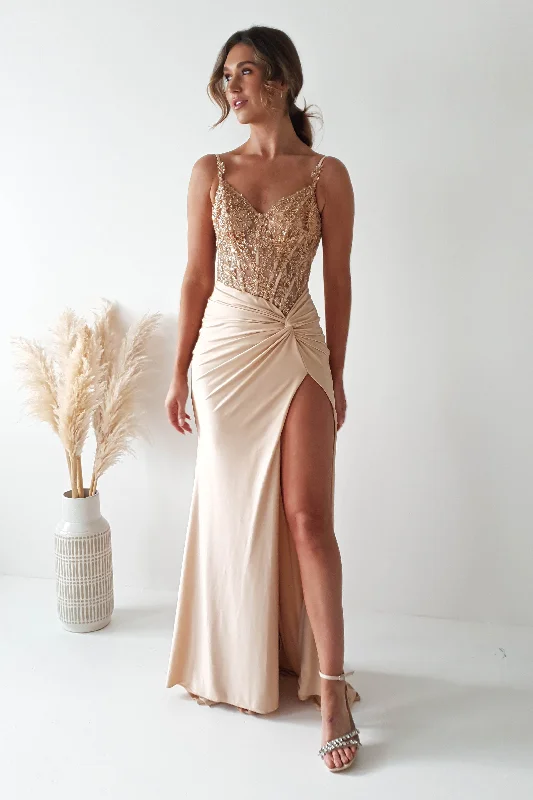 Sonia Embellished Bodycon Gown | Gold Bodycon Dress Glam