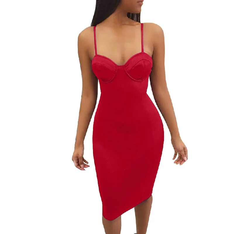 Spaghetti Straps with Padded Solid Color Knee-length Bodycon Dress Sexy Bodycon Gown