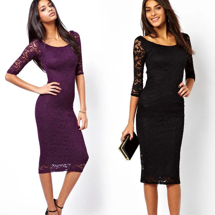 Women Bodycon Sexy Ladies O-neck Slim Lace Dress Half Sleeve Fitted Bodycon Dress