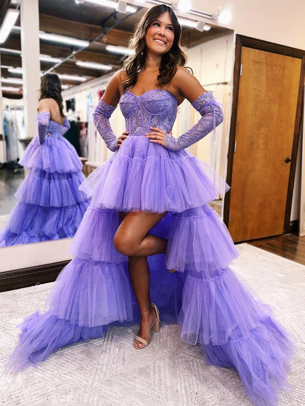 Purple High-Low Asymmetrical Strapless Tiered Tulle Prom Dress,DP735 Tulle Dress Blush