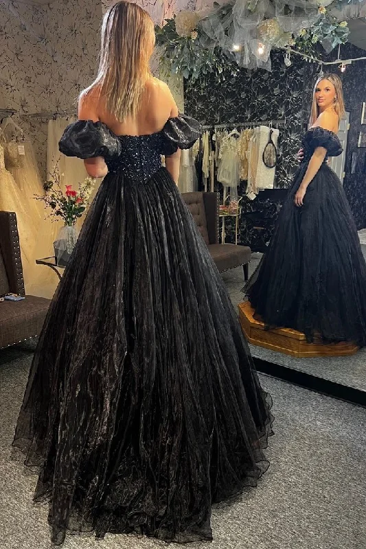 Black A-line Off-the-Shoulder Beaded Tulle Long Prom Dress,DP811 Short Tulle Dress