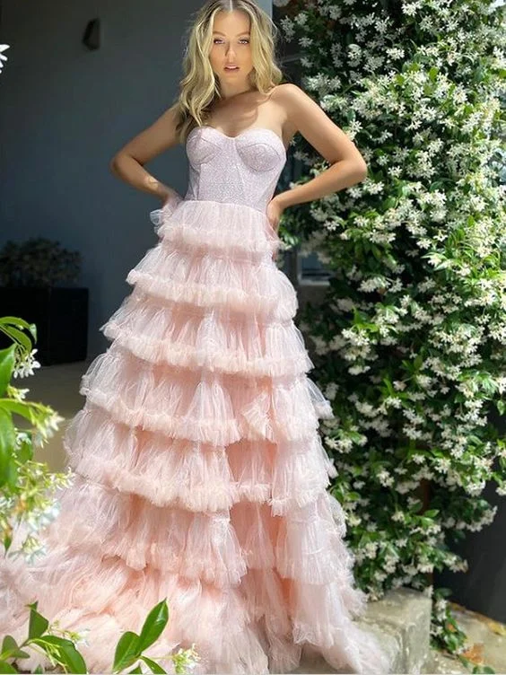 Pearl Pink Sweatheart Tulle Tiered Long Prom Dresses,DP755 Tulle Dress Glow