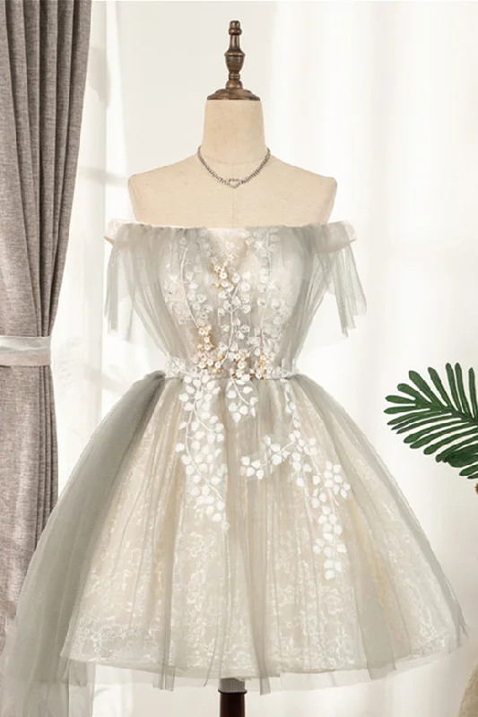 Apricot Flaunt Off-the-Shoulder 3D Appliques Tulle Homecoming Dress Vintage Tulle Dress