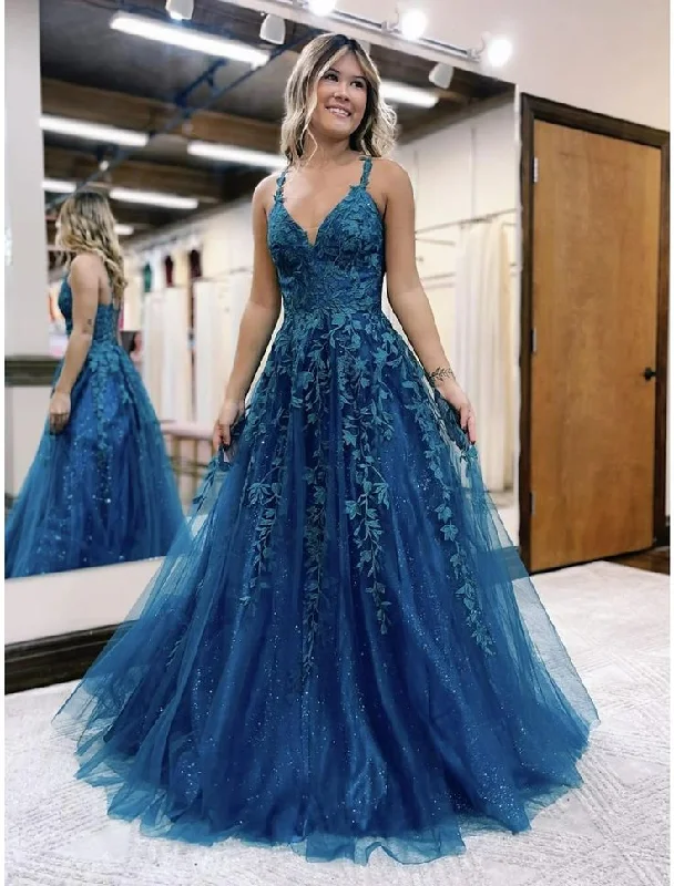 Ball Gown A-Line Prom Dresses Sleeveless Tulle Shiny Dress Formal Floor Length  with Appliques,DP706 Tulle Dress Sparkly