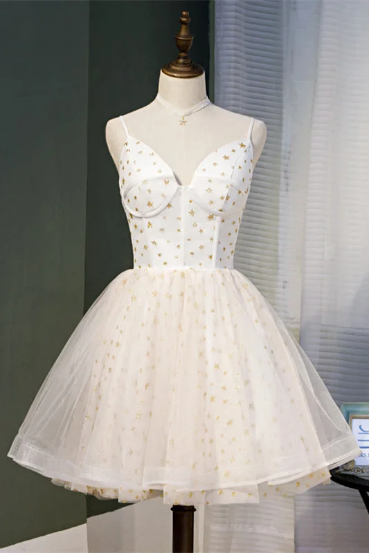 Beige V Neck Straps Star-Prints Tulle Homecoming Dress Sexy Tulle Dress