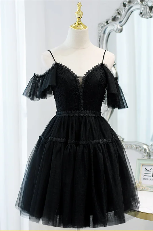 Black 2 Styles Tulle Straps Plunging V Homecoming Dress Ruffled Tulle Gown