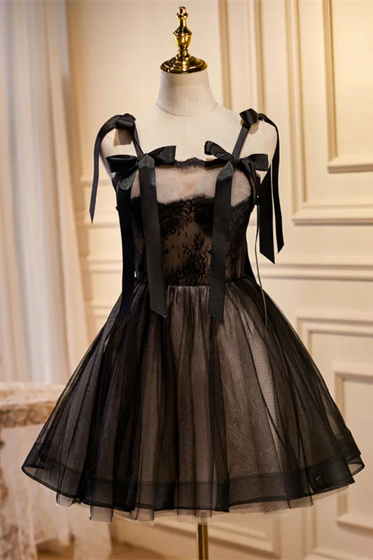 Black Bow Ties Lace Tulle Homecoming Dress Tulle Ball Gown