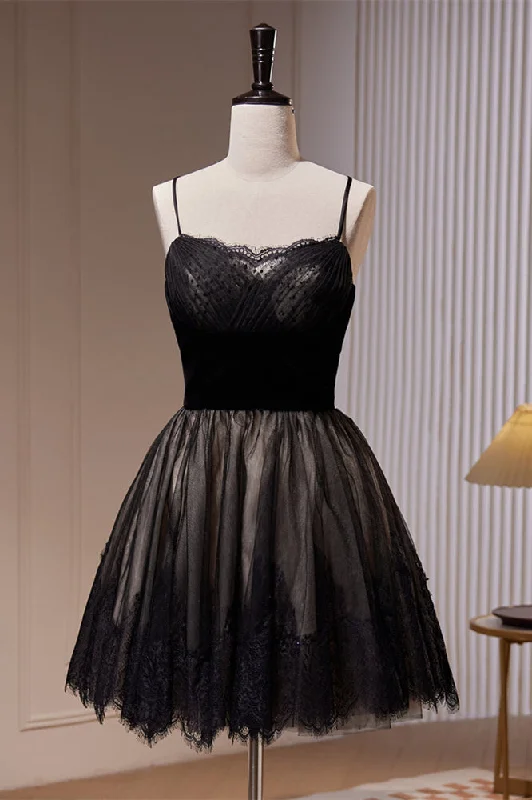 Black Lace Pleated Straps Tulle Homecoming Dress Tulle Dress Simple