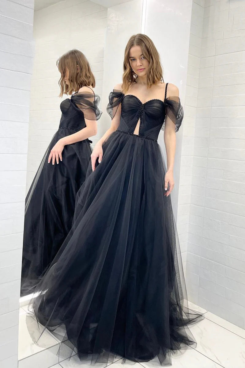 Black Tulle A-Line Sweetheart Sleeveless Empire Prom Dress Soft Layered Tulle