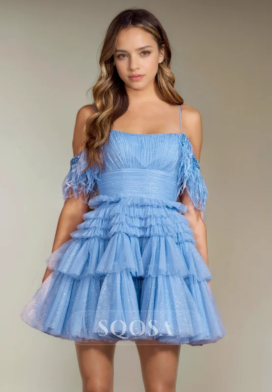 A Line Spaghetti Straps Feathers Tulle Pleats Short Homecoming Dress Cute Graduation Dress Soft Tulle Gown