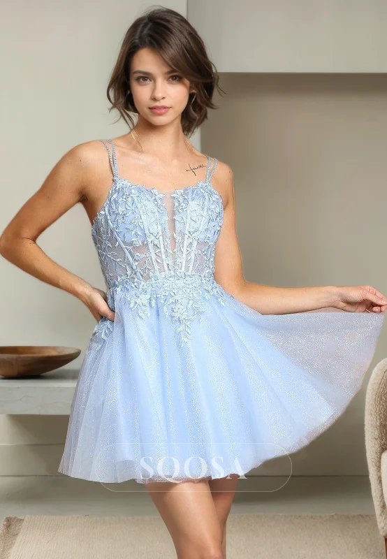 A Line Spaghetti Straps Tulle Appliques Cute Homecoming Dress Short Prom Graduation Dress Tulle Dress Fluffy