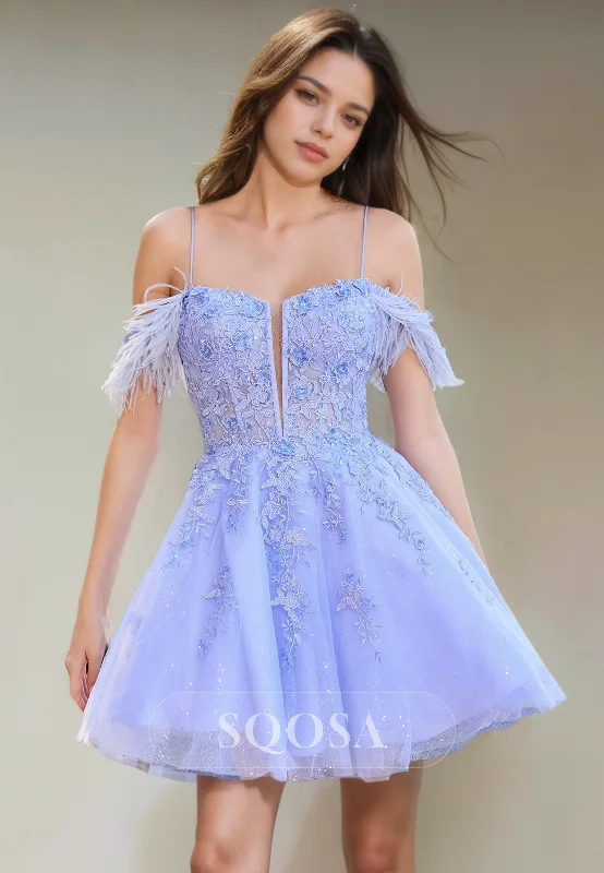 Spaghetti Straps Tulle Appliques Cute Homecoming Dress Short Prom Graduation Dress Sweet Tulle Dress