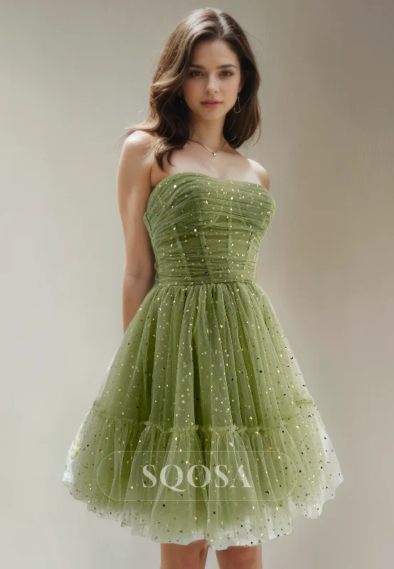 A Line Detachable Straps Tulle Pleats Short Homecoming Dress Graduation Dress Tulle Dress Simple