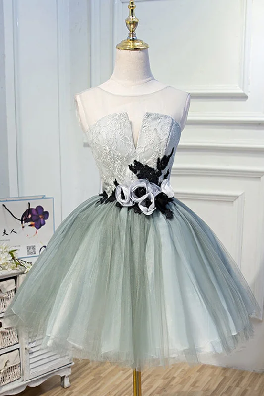 Dusty Sage Illusion Neck Lace Flowers Tulle Homecoming Dress Tulle Dress Design