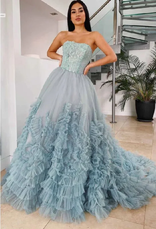 Dusty Blue A-Line Strapless Tulle Tiered Long Prom Dress,DP694 Blue Tulle Dress