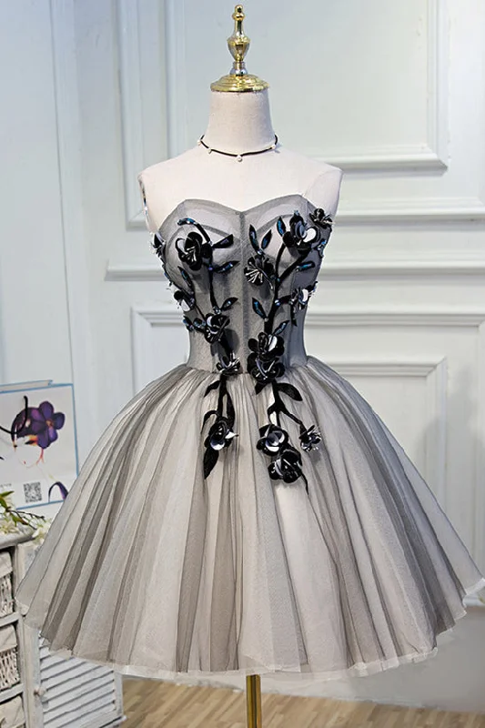 Grey Strapless 3D Appliques Tulle Homecoming Dress Tulle Dress Ruffles