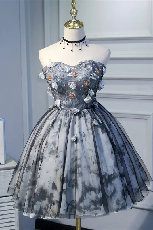 Grey Strapless Embroidery Flowers Prints Tulle Homecoming Dress Floor-length Tulle Dress