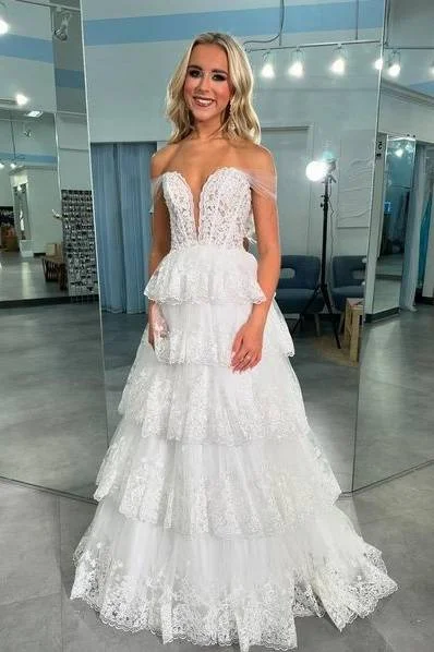 Lace Tulle A-Line Sweetheart Off-Shoulder With Train Prom Dress Tulle Dress Modern