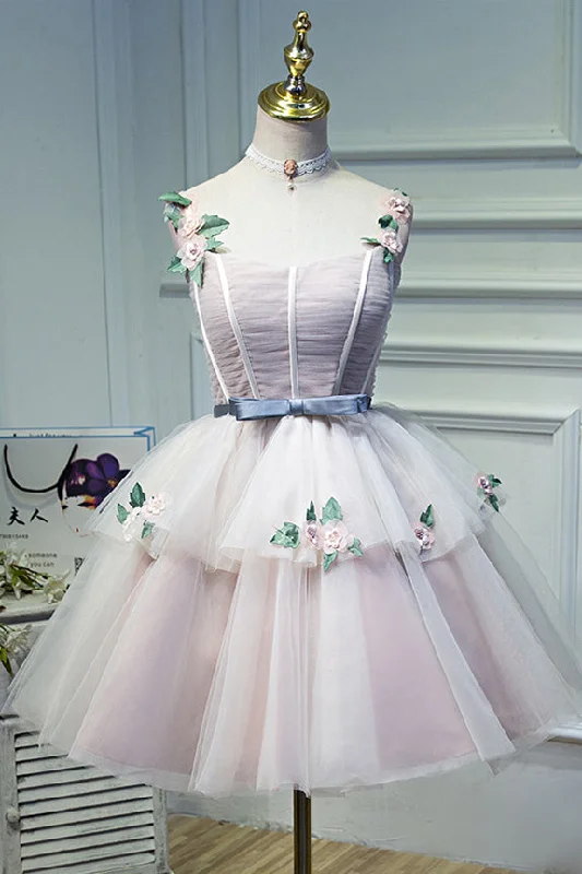 Pink Flower Straps Multi-Layers Appliques Tulle Homecoming Dress Tulle Dress Fashion