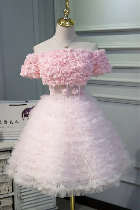 Pink Off-the-Shoulder Flowers Ruffles Tulle Homecoming Dress Tiered Tulle Dress