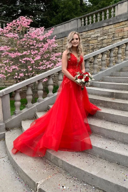 Red V Neck Tulle Lace Long Prom Dress Red Lace Long Evening Dress,DP700 Boho Chic Tulle