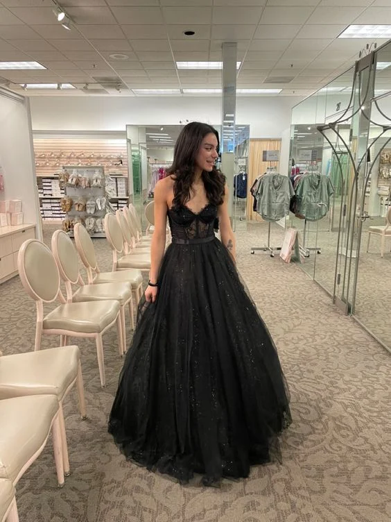 Black A-Line Tulle Long Prom Dress Evening Gown,DP847 Tulle Dress Sparkle