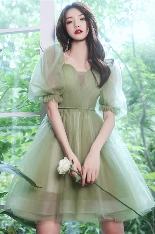 Sage Green Puff Sleeves Tulle Lace-Up Homecoming Dress White Tulle Dress