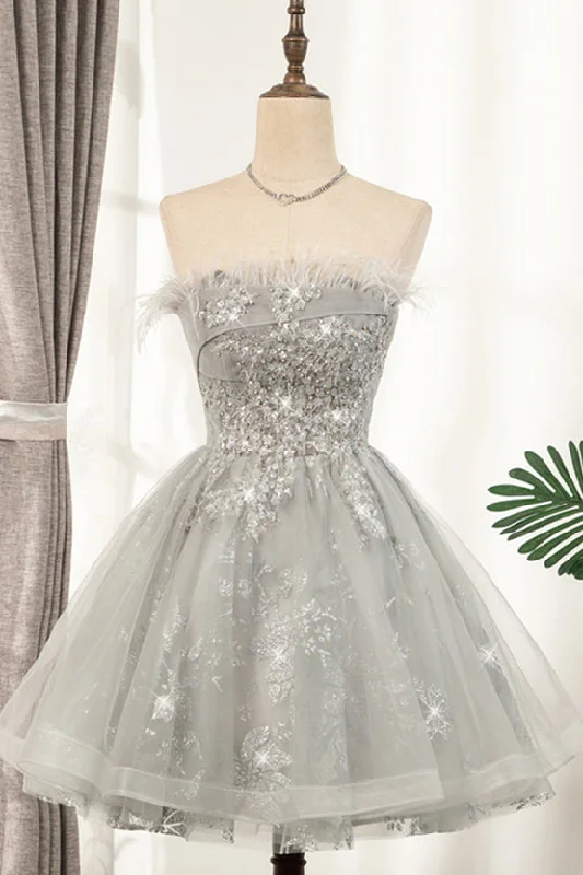 Silver Strapless Feathers Beaded Tulle Homecoming Dress Tulle Dress Set