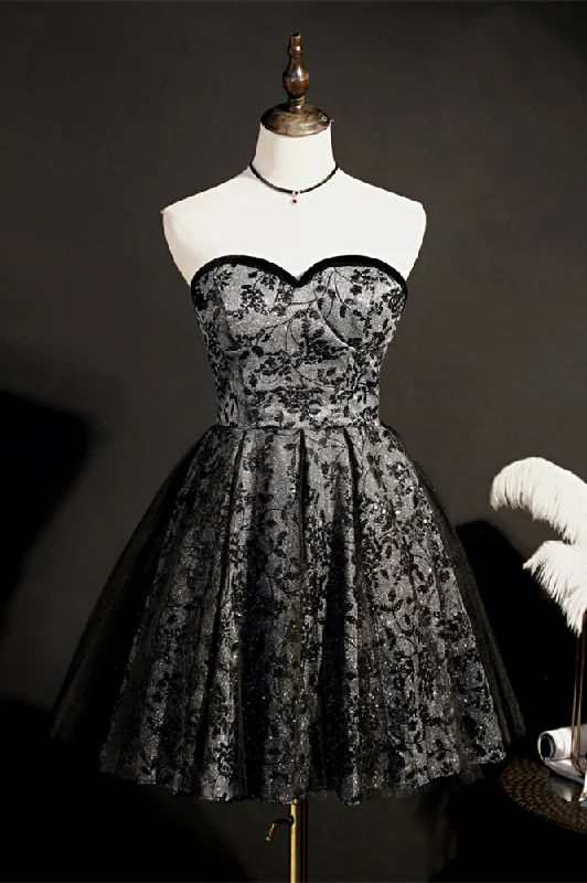 Sparkly Black Prints Beaded Tulle Homecoming Dress Tulle Cocktail Dress