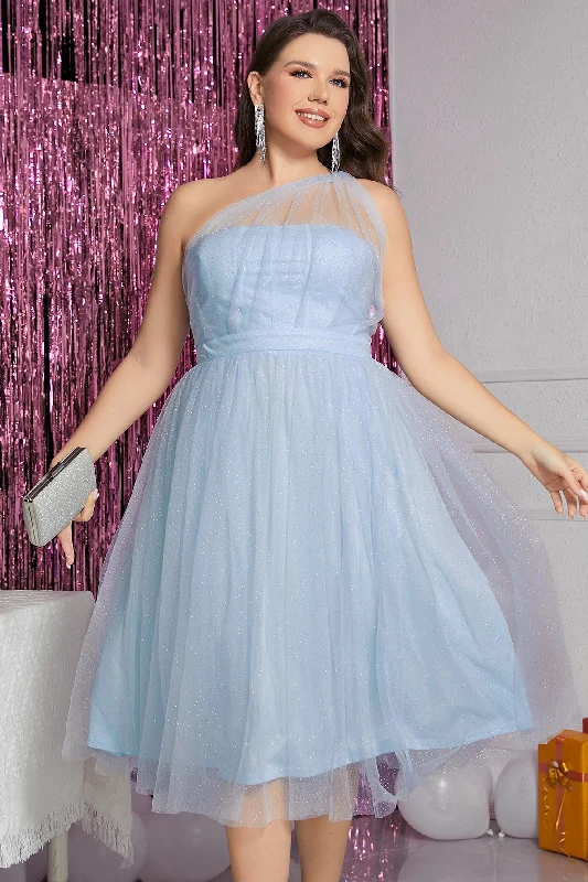 Sparkly Light Blue Illusion One Shoulder Tulle Homecoming Dress Tiered Tulle Dress