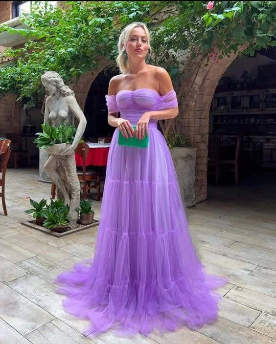 Elegant Purple Tulle A-Line Off Shoulder Long Prom Dress,DP757 Tulle Dress Formal