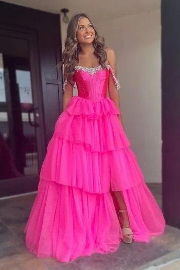 Sweetheart Off-Shoulder Tulle A-Line Beaded Tiered Prom Dress Stylish Tulle Dress