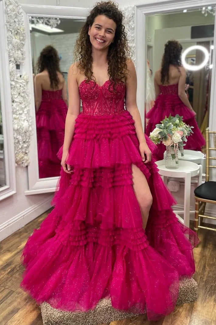 Sweetheart Strapless Tulle A-Line Empire Appliques Tiered Prom Dress Tulle Dress Glamour