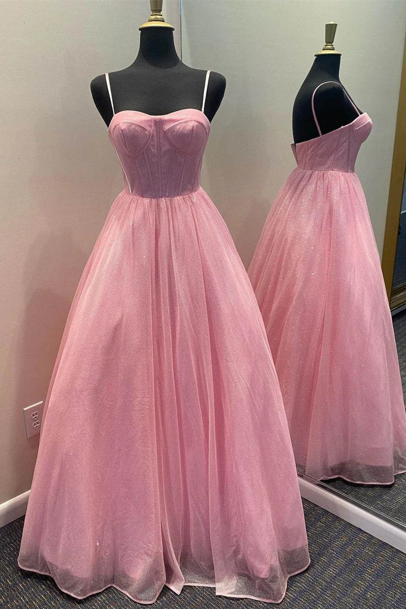 Sweetheart Tulle A-Line Spaghetti Straps Glitter Prom Dress Tulle Ball Gown