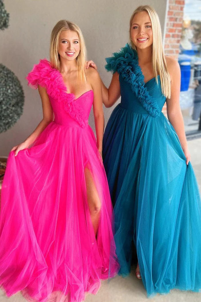 Tulle A-Line One Shoulder Empire With Side Slit Prom Dress Tulle Dress Twirl