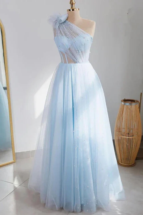 Tulle A-Line One Shoulder Sleeveless Sheer Long Prom Dress Off-shoulder Tulle Dress