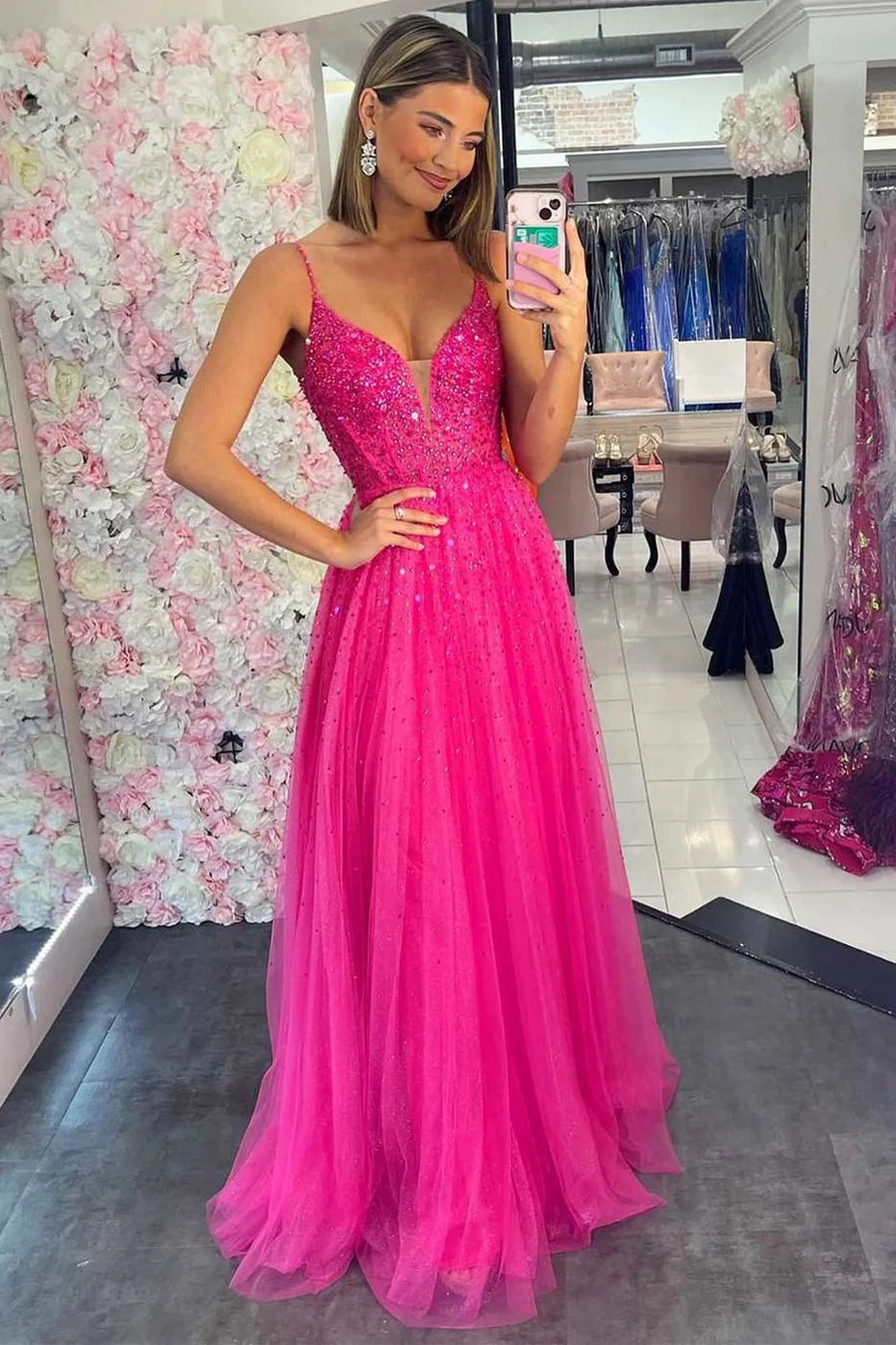 Tulle A-Line V-Neck Sleeveless Beaded Appliques Prom Dress Tulle Evening Dress